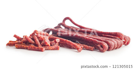 Smoked kabanos. Mini dried thin sausages isolated on white background Smoked kabanos. Mini dried thin sausages isolated on white background 121305015
