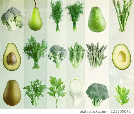 Products, ingredients containing vitamin K and dietary fiber, natural sources of minerals, healthy nutrition concept 121305071