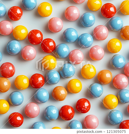 Three types of sweet colored hard fruit candies scattered on a white background 121305075