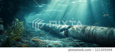 Natural gas or oil pipeline on bottom of sea, view of damaged pipe underwater with fish and sunlight. Concept of energy, power, accident 121305094