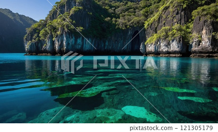Enchanting tropical waterfall cascading into crystal-clear turquoise pool 121305179
