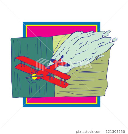 Crop duster airplane spraying a farm field illustration. 121305230