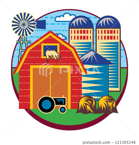 isometric farm with mills barn and silo hay fence and street lamp isolated illustration isometric farm with mills barn and silo hay fence and street lamp isolated illustration 121305246