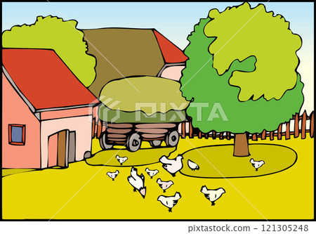 isometric farm with mills barn and silo hay fence and street lamp isolated illustration 121305248