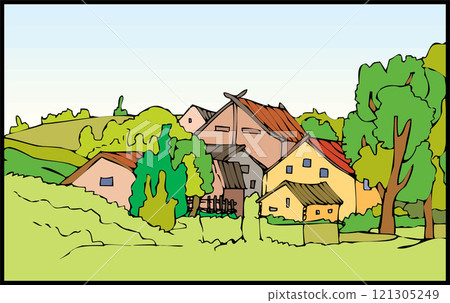 isometric farm with mills barn and silo hay fence and street lamp isolated illustration isometric farm with mills barn and silo hay fence and street lamp isolated illustration 121305249