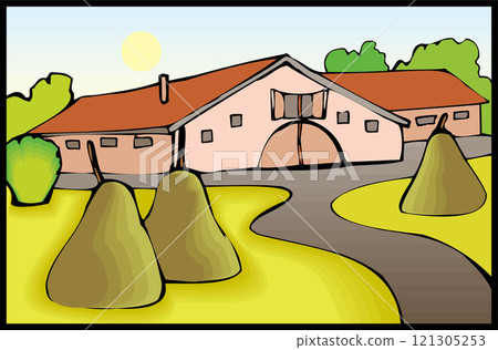 isometric farm with mills barn and silo hay fence and street lamp isolated illustration 121305253