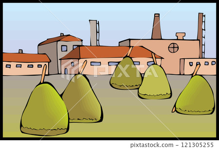 isometric farm with mills barn and silo hay fence and street lamp isolated illustration 121305255