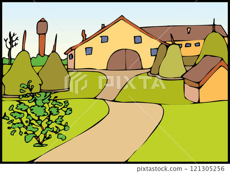 isometric farm with mills barn and silo hay fence and street lamp isolated illustration isometric farm with mills barn and silo hay fence and street lamp isolated illustration 121305256