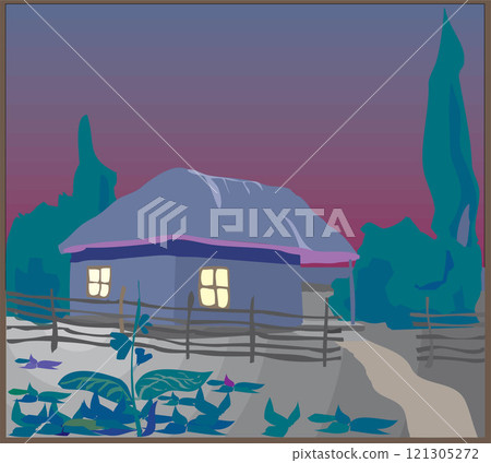 isometric Farm at Night with mills barn and silo hay fence and street lamp isolated illustration isometric Farm at Night with mills barn and silo hay fence and street lamp isolated illustration 121305272