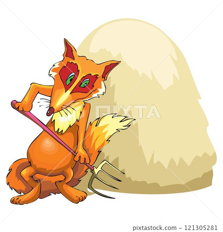 fox Farmer standing with a pitchfork on the background of hay bales. Farmer holding a pitchfork fox Farmer standing with a pitchfork on the background of hay bales. Farmer holding a pitchfork 121305281