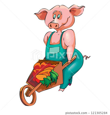 Pig farmer pulls a cart with a bunch of fresh vegetables on the background of the field. Use for illustrations for harvesting, wholesome farm food, good harvest 121305284