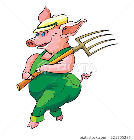 Pig farmer standing with a pitchfork on the background of hay bales. Farmer holding a pitchfork Vector 121305285