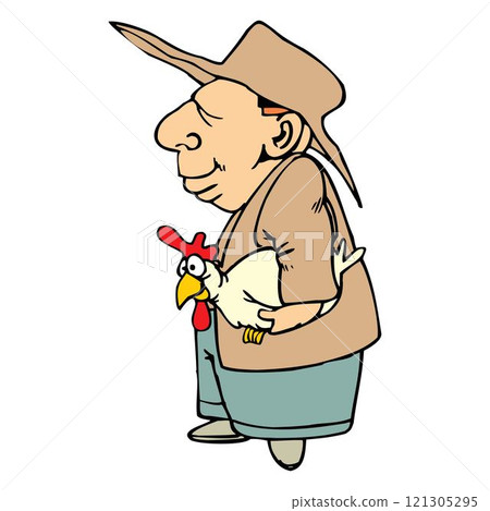 Cartoon old man farmer holding and carrying a chicken vector design Cartoon old man farmer holding and carrying a chicken vector design 121305295