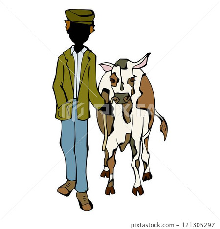 Farmer standing next to a cow on the farm vector design Farmer standing next to a cow on the farm vector design 121305297