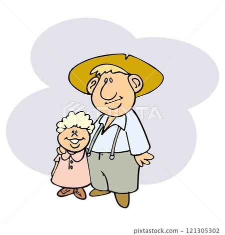 Cartoon farmer standing next to his daughter on the farm Cartoon farmer standing next to his daughter on the farm 121305302