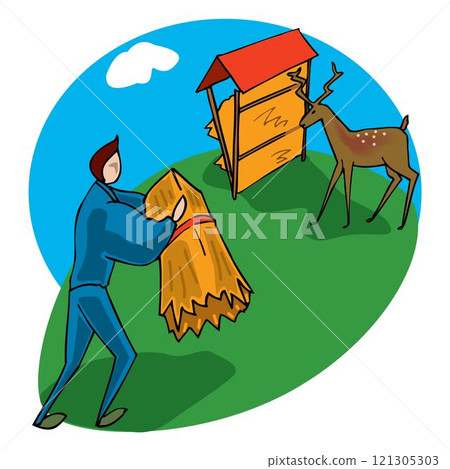 a farmer giving grass to deer on farm vector design a farmer giving grass to deer on farm vector design 121305303