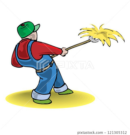 Farmer work with hay. Agriculture worker with hay pitchfork, rural harvesting flat illustration Farmer work with hay. Agriculture worker with hay pitchfork, rural harvesting flat illustration 121305312