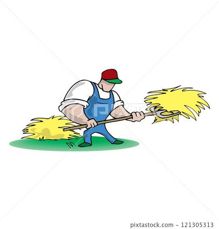 Farmer work with hay. Agriculture worker with hay pitchfork, rural harvesting flat illustration 121305313