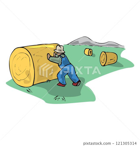 Farmer work with hay. Agriculture worker with hay pitchfork, rural harvesting flat illustration Farmer work with hay. Agriculture worker with hay pitchfork, rural harvesting flat illustration 121305314