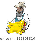 Farmer work with hay. Agriculture worker with hay pitchfork, rural harvesting flat illustration 121305316