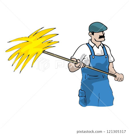 Farmer work with hay. Agriculture worker with hay pitchfork, rural harvesting flat illustration 121305317