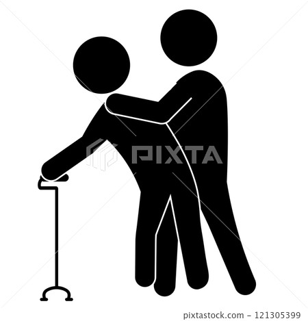 支持步行老人的護理人員的輪廓圖 121305399