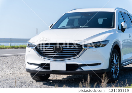 white SUV type passenger car white SUV type passenger car 121305519