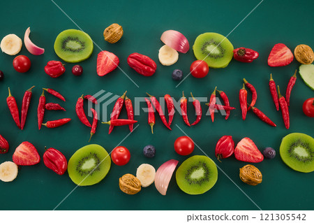 Vegetarian diet month in january called Veganuary. Veganuary word made from red chillies and childish lettering 121305542