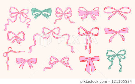 Collection of hand drawn bows, ribbons illustrations 121305584