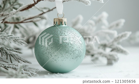 Elegant green Christmas ornament hanging from a ribbon Elegant green Christmas ornament hanging from a ribbon 121305656