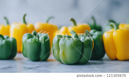 Fresh green and yellow bell peppers on a white background Fresh green and yellow bell peppers on a white background 121305670