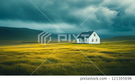 Lush green grass-covered house blending with vibrant landscape 121305696