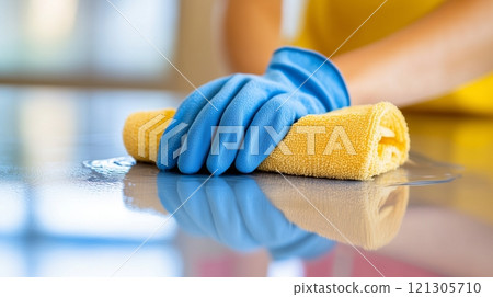 Person wiping table with blue glove and rag 121305710
