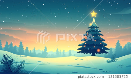 Serene Winter Scene with Christmas Tree and Star Serene Winter Scene with Christmas Tree and Star 121305725