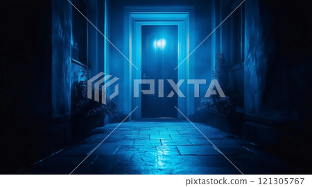 A glowing door in a dark hallway creating a mysterious 121305767