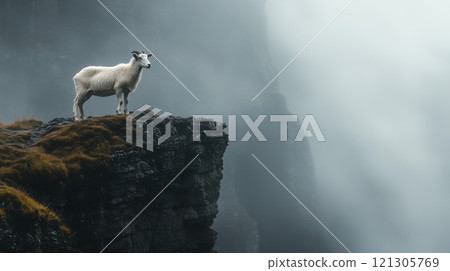 A goat stands on a high mountaintop, surrounded by a thin mist and light 121305769