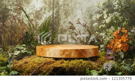 A gold-trimmed wooden podium placed among natural elements like moss 121305770