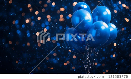 Blue balloons float in a dark, sparkling background 121305776