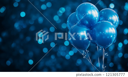 Blue balloons float in a dark, sparkling background 121305777