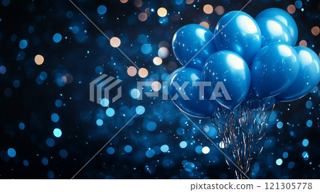 Blue balloons float in a dark, sparkling background 121305778