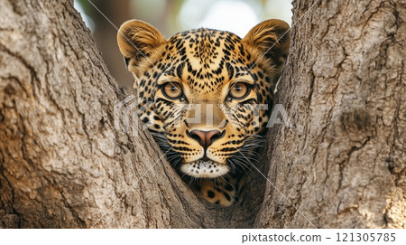 Close-up of a leopard's face, eyes glowing as it stares out from the shadows 121305785