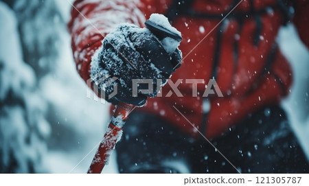 Close-Up of Skiers' Hands Gripping Poles in Snow 121305787