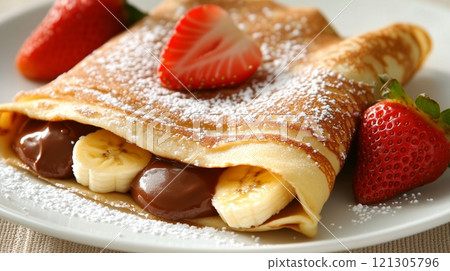 French crepes filled with Nutella, bananas and strawberries 121305796
