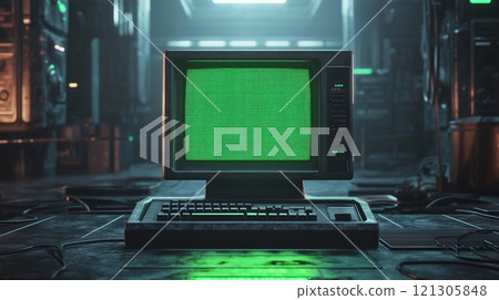 Vintage computer with green text screen in dark 121305848