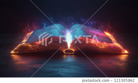 Illuminated lowpoly futuristic open book on dark background isolated. 121305862