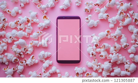 Movie Subscription Advertisement Pink Background with Smartphone 121305887