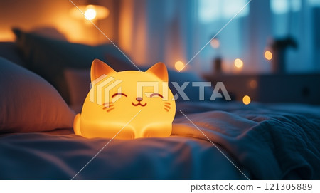 Nightlight In The Shape Of Cute Cat, Standing On The Bedside Table 121305889