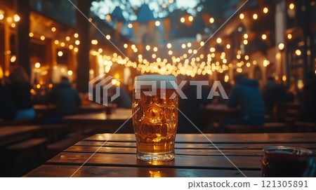 Oktoberfest, munich. Beer mugs on table, People drinking beer 121305891