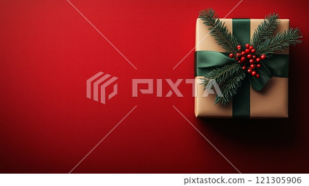 Red background with Christmas gifts and green ribbons, space for text. 121305906
