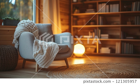 Cozy relaxing space with a rustic armchair glowing lamp Cozy relaxing space with a rustic armchair glowing lamp 121305957
